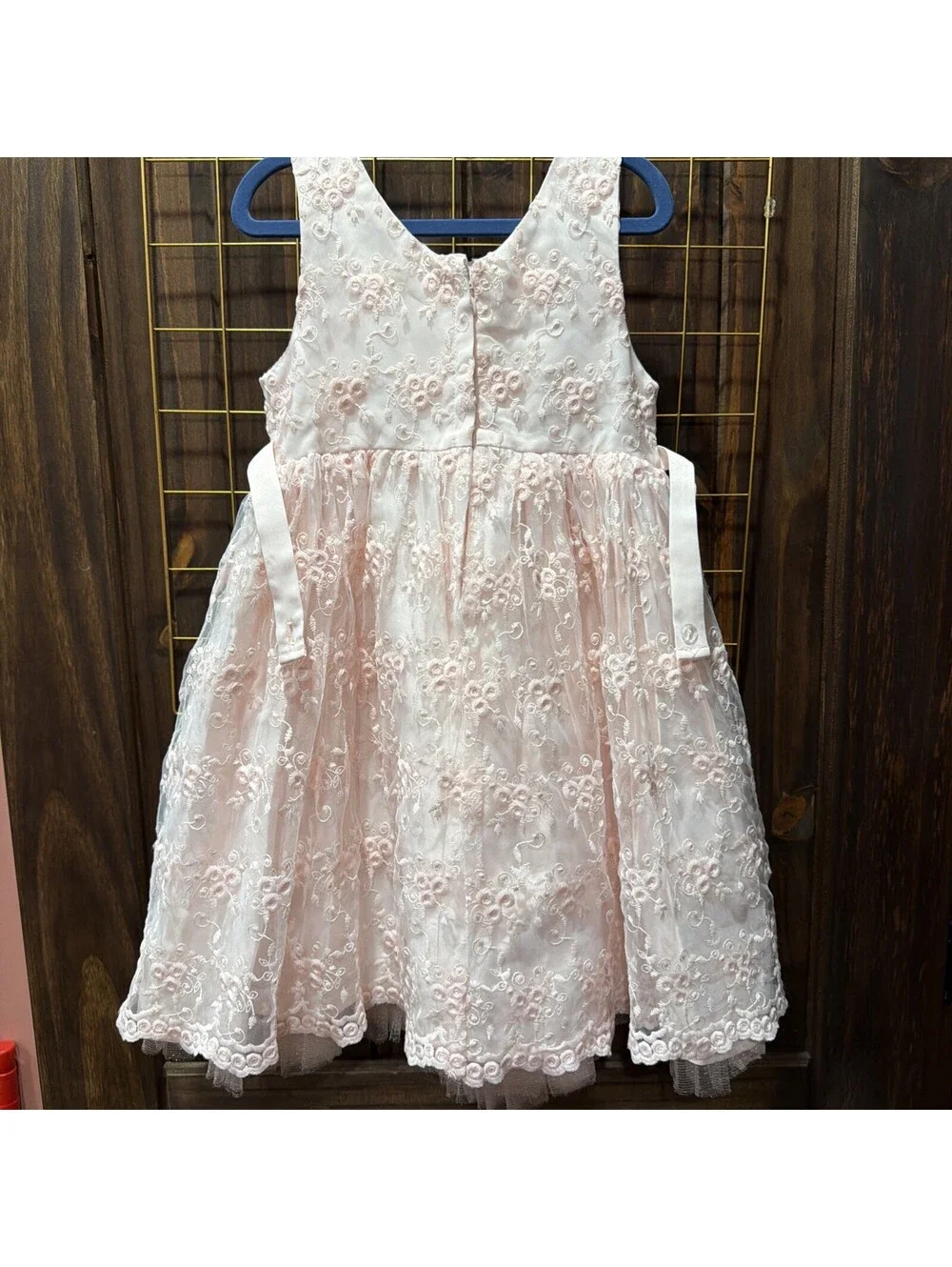 Girls Pink Floral Embroidered Dress with Bow Accent